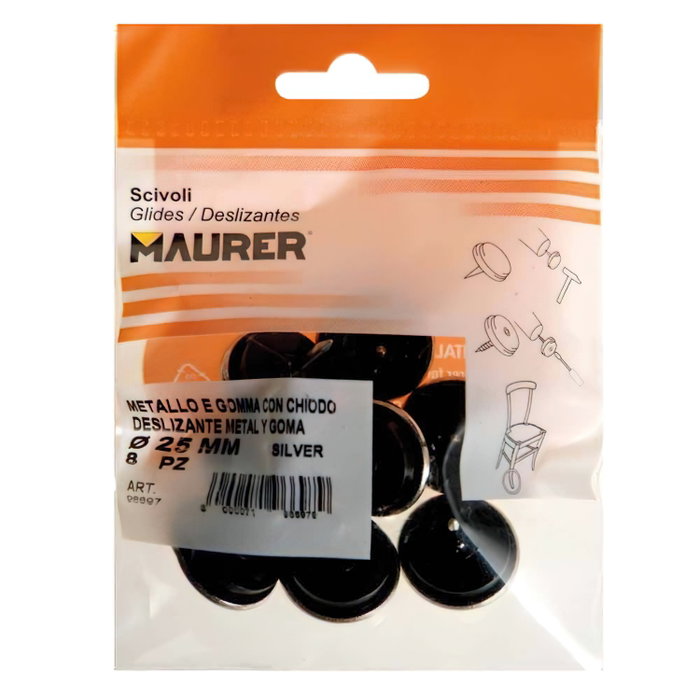 MAURER Patin métal caoutchouc clair Ø25 (blister 8 unités)