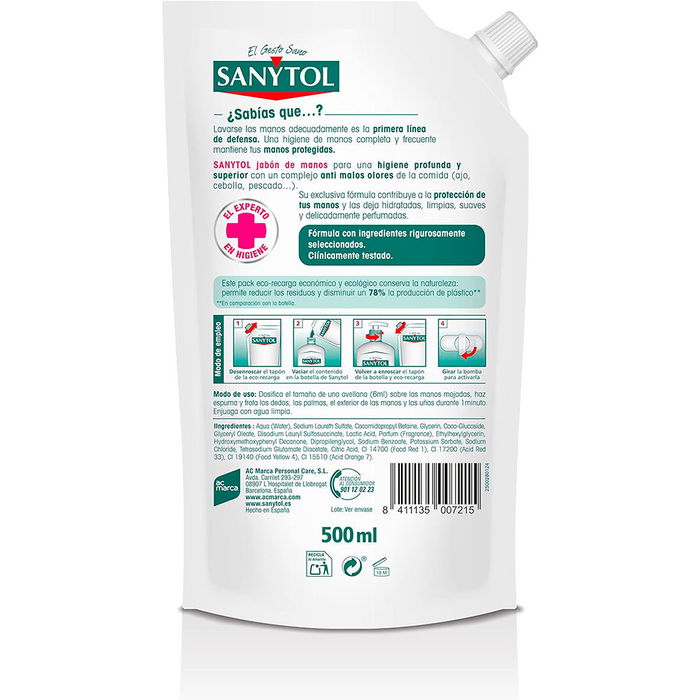 SANYTOL Recharge Savon Antibactérien pour les Mains, Pack Écologique, 500 ml