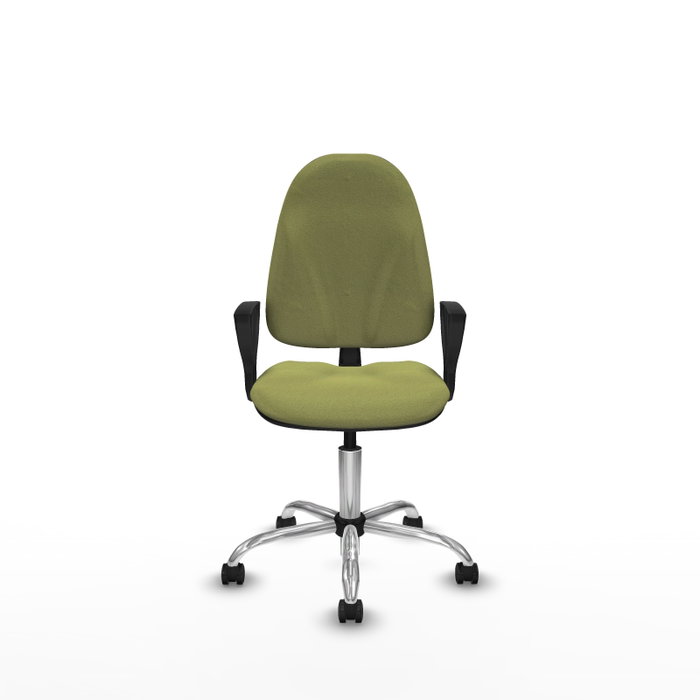 Chaise de bureau Algarra avec mécanisme Contact permanent de base, rembourrée de tissu vert olive. Équipée d'une base chromée, d'accoudoirs fixes et de roulettes autobloquantes