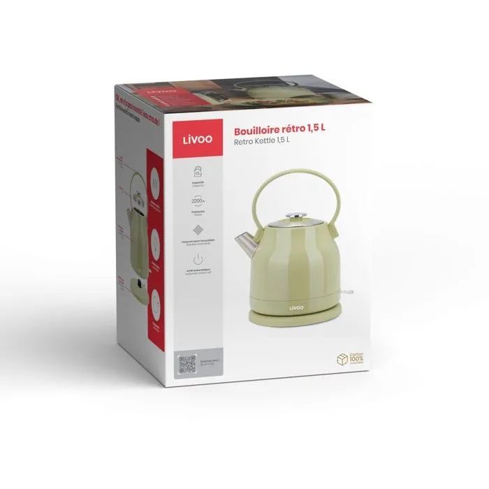 Livoo DOD202M Bouilloire électrique 2200 W 1.5 L - Socle 360° - Design rétro vert matcha