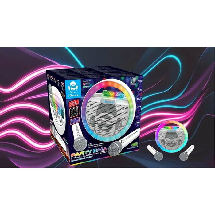 iDance Enceinte karaoké circulaire avec lumières disco et 2 microphones sans fil, Blanc
