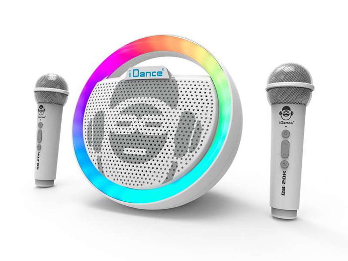 iDance Enceinte karaoké circulaire avec lumières disco et 2 microphones sans fil, Blanc