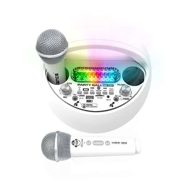 iDance Enceinte karaoké circulaire avec lumières disco et 2 microphones sans fil, Blanc