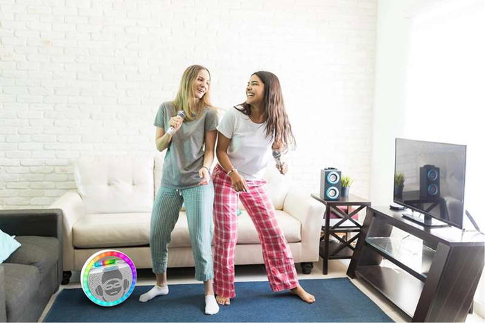 iDance Enceinte karaoké circulaire avec lumières disco et 2 microphones sans fil, Blanc