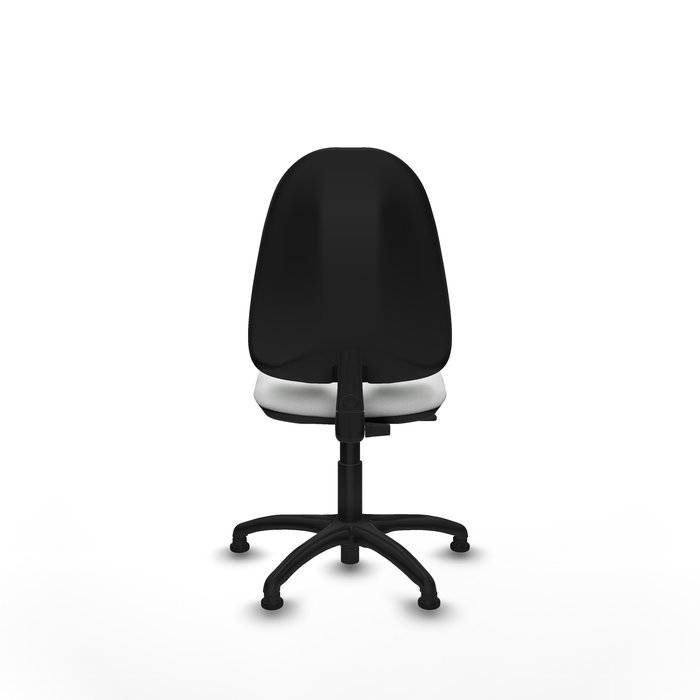 Chaise de bureau Algarra avec mécanisme de contact permanent de base, recouverte de tissu blanc. Équipée d'une base en polyamide noir, sans accoudoirs et avec butées
