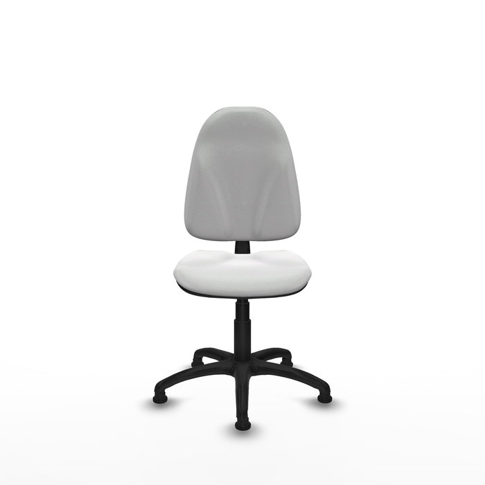 Chaise de bureau Algarra avec mécanisme de contact permanent de base, recouverte de tissu blanc. Équipée d'une base en polyamide noir, sans accoudoirs et avec butées