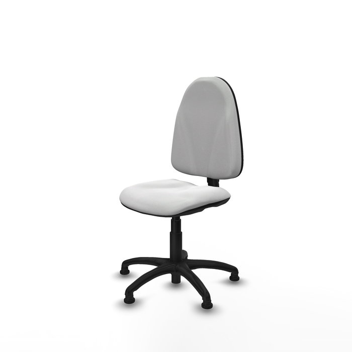 Chaise de bureau Algarra avec mécanisme de contact permanent de base, recouverte de tissu blanc. Équipée d'une base en polyamide noir, sans accoudoirs et avec butées