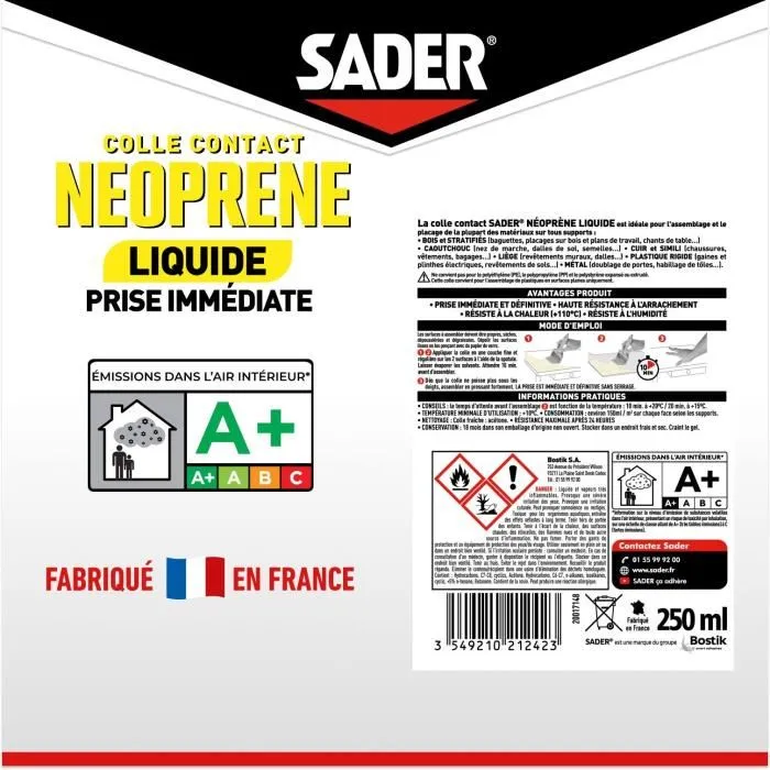 Sader - Colle contact néoprène liquide extra forte pour bois, cuir, caoutchouc, liège, métal, plastique - Prise immédiate - Boîte 250 ml