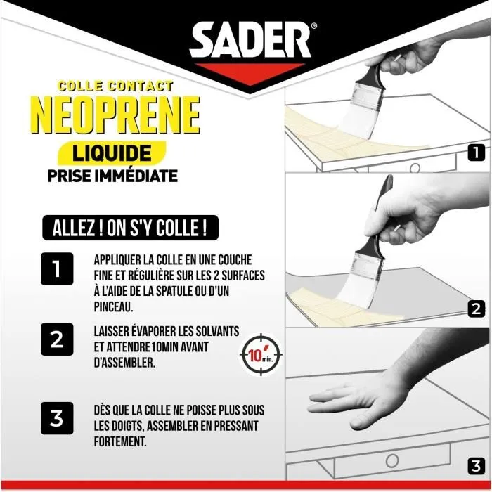 Sader - Colle contact néoprène liquide extra forte pour bois, cuir, caoutchouc, liège, métal, plastique - Prise immédiate - Boîte 250 ml