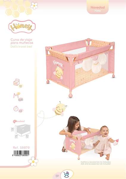 Decuevas Cuna de viaje honey - Berceau de voyage pour poupées jusqu'à 46 cm - Dimensions 50x29x30 cm