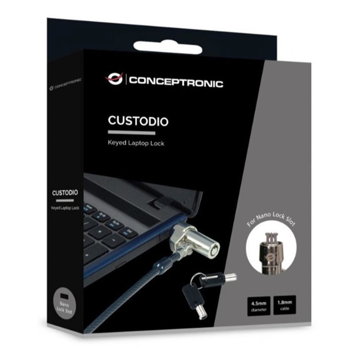 Conceptronic CUSTODIO02BN Câble de Sécurité Nano Lock pour Ordinateur Portable avec Clé, 1,8 m, Noir Conceptronic CUSTODIO02BN Câble de Sécurité Nano Lock pour Ordinateur Portable avec Clé, 1,8 m, Noir