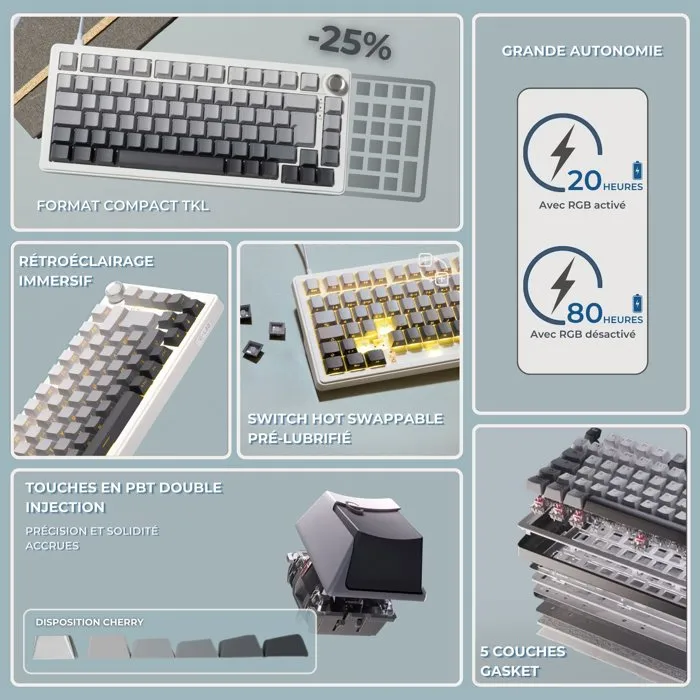 The G-Lab Keyz Elite 300 Clavier Gamer Mécanique TKL 75% Sans Fil RGB