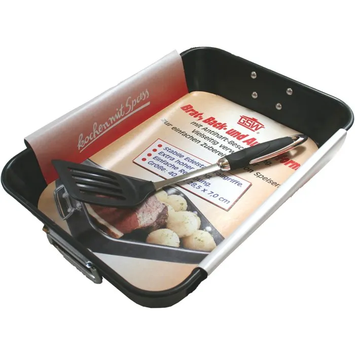 GSW Plat à gratin noir anti-adhésif avec poignées inox rabattables et spatule - 40x28x7 cm - Acier massif