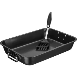 GSW Plat à gratin noir anti-adhésif avec poignées inox rabattables et spatule - 40x28x7 cm - Acier massif
