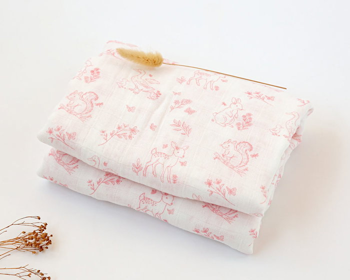 KioKids Mousseline avec imprimé animaux roses 120x120cm