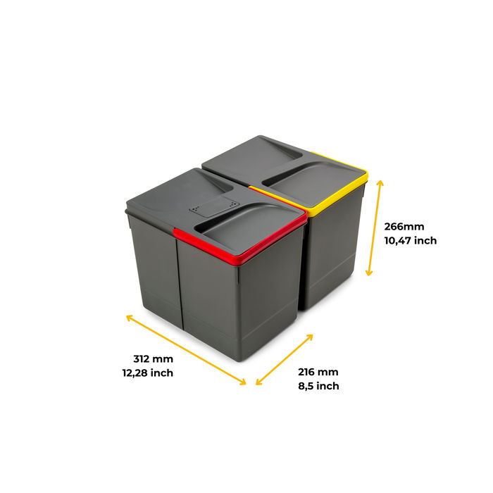 Emuca Poubelles pour tiroir de cuisine Recycle avec couvercle anti-odeurs, Hauteur 266, 2x15litres, Plastique gris antracite