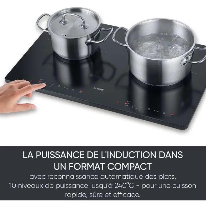 Severin DK1033 Plaque à induction portable double, 2 foyers, surface vitrocéramique 60 x 38 cm, 10 niveaux, minuteur, noir