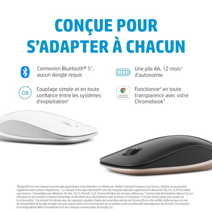 HP 410 Souris Bluetooth ultra-plate Argent - Compatible Chromebook, capteur multisurface, autonomie 12 mois