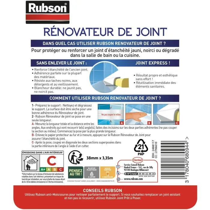 Rubson Renov'Joint - Rouleau pour renforcer et protéger les joints de salle de bain et cuisine - Adhésif prêt à l'emploi, résiste à l'eau et aux moisissures - 38 mm x 3,35 m