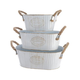 Decoris Lot de 3 seaux en zinc ovalés vintage blanc avec anses en corde - 30x19x11,5 cm / 25,5x15,5x10 cm / 20x12,5x9 cm