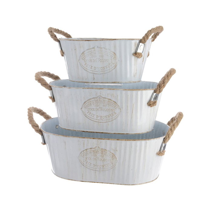 Decoris Lot de 3 seaux en zinc ovalés vintage blanc avec anses en corde - 30x19x11,5 cm / 25,5x15,5x10 cm / 20x12,5x9 cm Decoris Lot de 3 seaux en zinc ovalés vintage blanc avec anses en corde - 30x19x11,5 cm / 25,5x15,5x10 cm / 20x12,5x9 cm