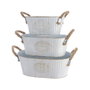 Decoris Lot de 3 seaux en zinc ovalés vintage blanc avec anses en corde - 30x19x11,5 cm / 25,5x15,5x10 cm / 20x12,5x9 cm