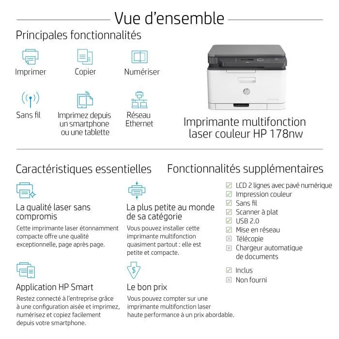 HP LaserJet 178nw - Imprimante multifonction laser couleur avec copieur, scanner, recto verso, Wi-Fi, AirPrint, réseau