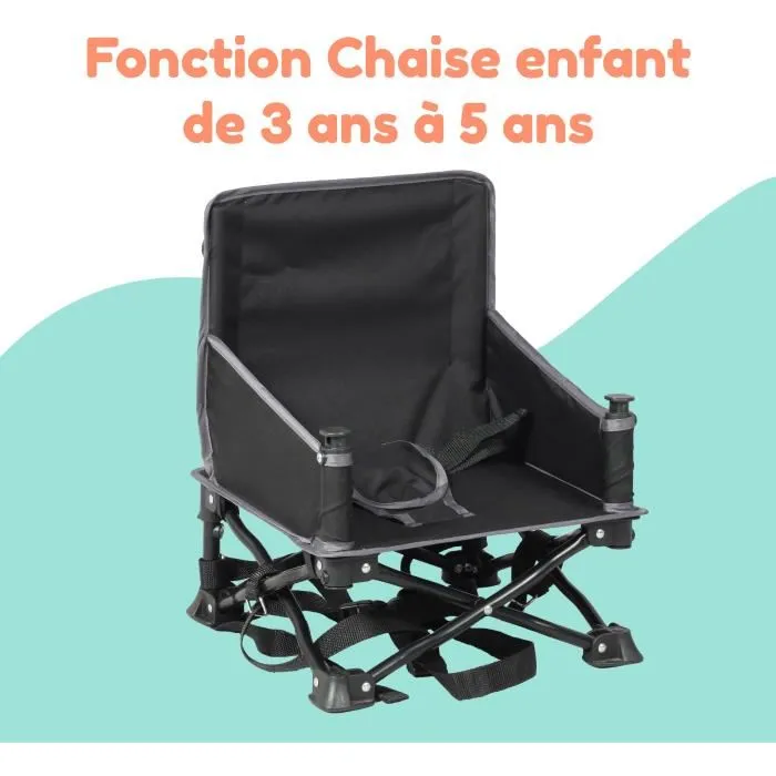 Bambisol - Rehausseur de chaise évolutif pour enfant 6/35 mois et chaise 3/5 ans - Pliable avec sac et plateau amovible - Noir