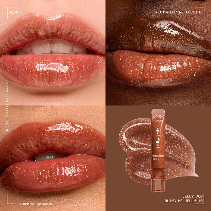 NYX Jelly Job Gloss à lèvres intense et volumisant, nuance #Orange YA Jelly, avec applicateur en spatule, hydratation aux peptides
