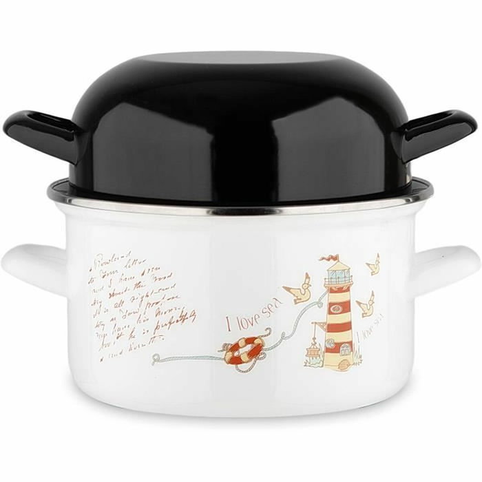 Baumalu Marmite à moules 20 cm Blanc avec Couvercle Noir décor phares Baumalu Marmite à moules 20 cm Blanc avec Couvercle Noir décor phares