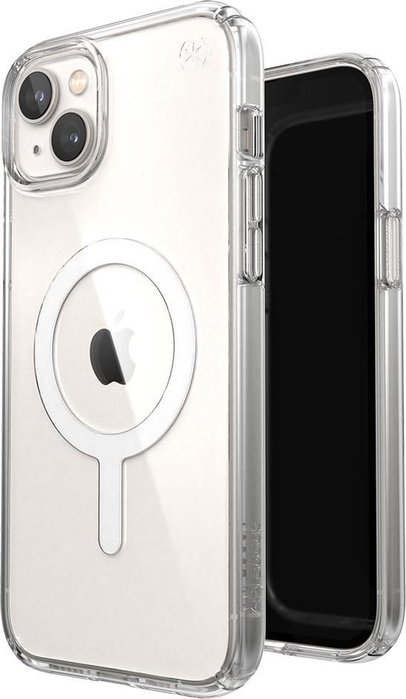 Speck Presidio Perfect Clear + Ms Coque pour iPhone 14 Plus (Transparent) - Protection Chute 4 m, Compatible MagSafe et Qi, Résistance Anti-rayures et Antibactérienne
