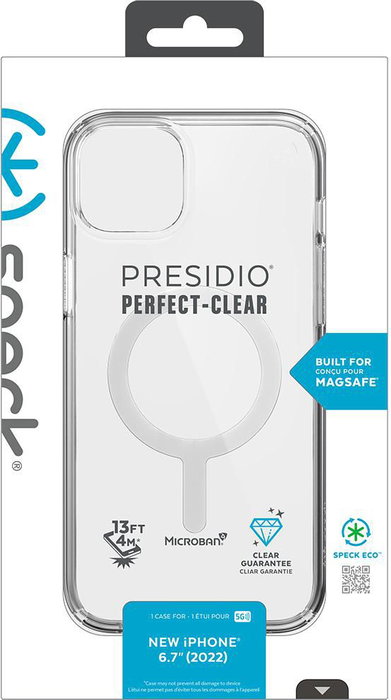 Speck Presidio Perfect Clear + Ms Coque pour iPhone 14 Plus (Transparent) - Protection Chute 4 m, Compatible MagSafe et Qi, Résistance Anti-rayures et Antibactérienne