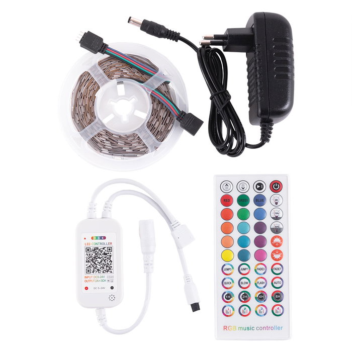 Kit Ruban LED RGB 36W 1 500Lm 150 LEDs 5 mètres avec Contrôle Bluetooth et Télécommande IR Kit Ruban LED RGB 36W 1 500Lm 150 LEDs 5 mètres avec Contrôle Bluetooth et Télécommande IR