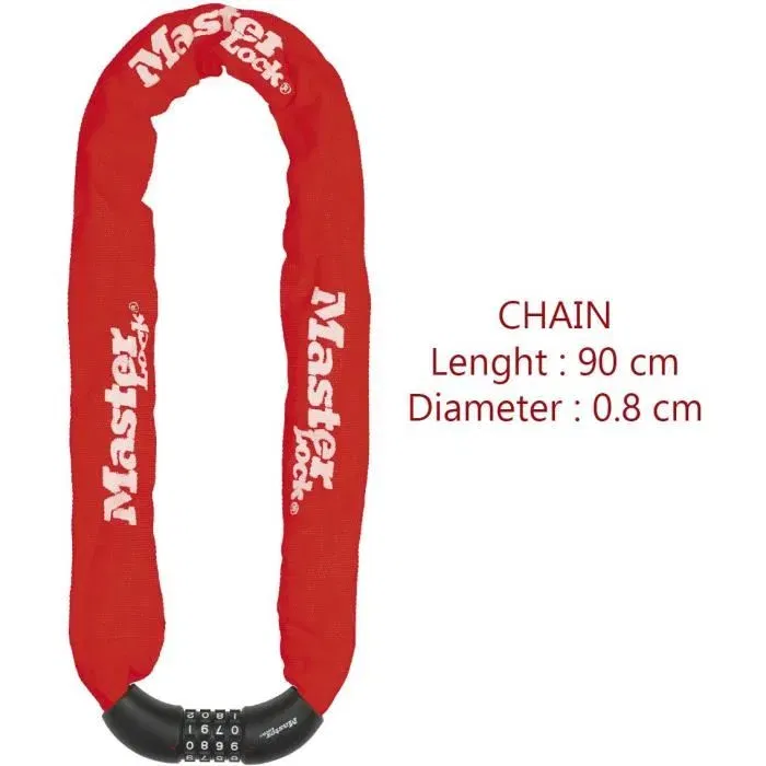 Master Lock Antivol Vélo Chaîne Combinaison 90 cm Rouge 8392EURDPROCOLR - Câble Acier 8 mm, 4 Chiffres, Protection Nylon