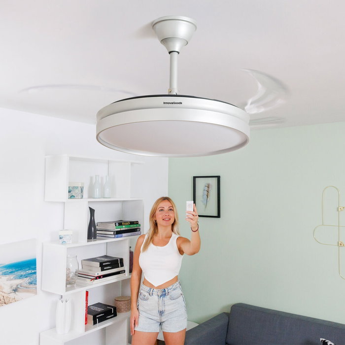 Ventilateur de Plafond avec Lumière LED et 4 Pales Rétractables Silteez InnovaGoods Argenté 80 W Ø49-104 cm Ventilateur de Plafond avec Lumière LED et 4 Pales Rétractables Silteez InnovaGoods Argenté 80 W Ø49-104 cm