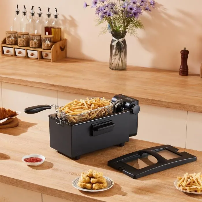 Continental Edison Friteuse électrique CEFR3BLK - 3 L, 2000 W, panier amovible, noir - Cuisson rapide et sécurisée