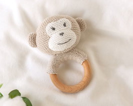 KioKids Anneau de dentition Singe en bois et coton Gris