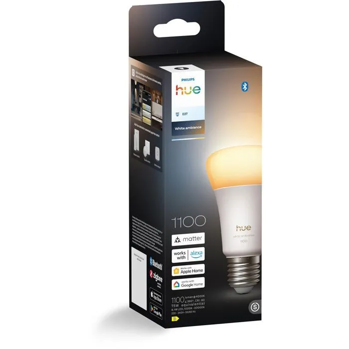 Philips Hue - Ampoule LED connectée A60, blanc chaud, culot E27, 8,1W, 1100 lumens, réglable 1000-2000K, contrôlable sans fil