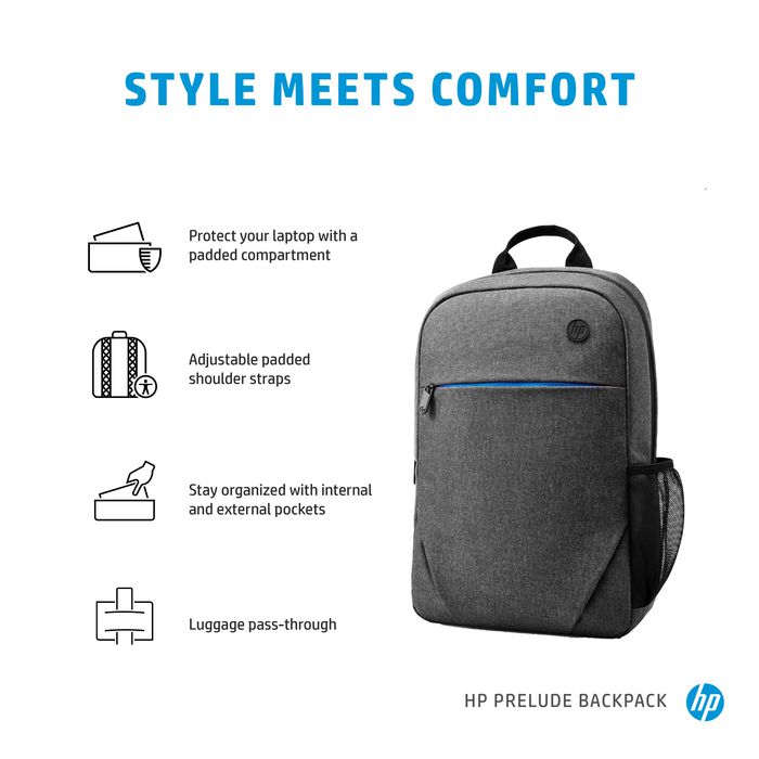 HP Sac à dos professionnel Prelude pour ordinateur portable 15,6 pouces avec compartiment dédié, intérieur gris et sangle rembourrée