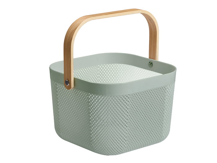 Kipit Panier Multiusos Vert Carré avec Anse 26.5x17.5x24.3 cm Plastique et Bois (Set de 12)