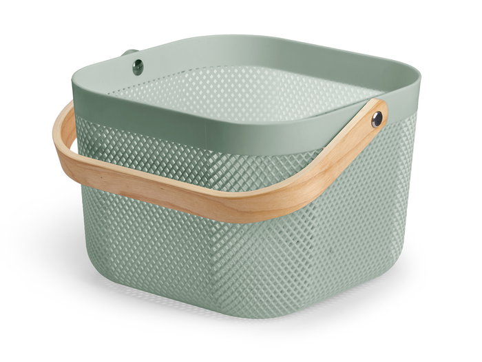 Kipit Panier Multiusos Vert Carré avec Anse 26.5x17.5x24.3 cm Plastique et Bois (Set de 12)