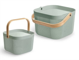 Kipit Panier Multiusos Vert Carré avec Anse 26.5x17.5x24.3 cm Plastique et Bois (Set de 12)