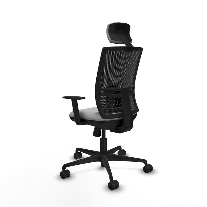 Chaise Yunquera Synchro 4 positions tissu Gris clair Maille Noir Base en nylon noir Accoudoir 1D Appui-tête 1D Roulettes 65mm nylon