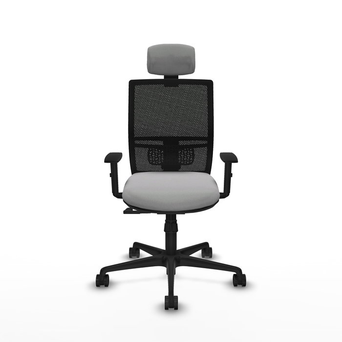 Chaise Yunquera Synchro 4 positions tissu Gris clair Maille Noir Base en nylon noir Accoudoir 1D Appui-tête 1D Roulettes 65mm nylon