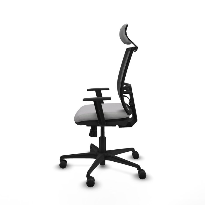 Chaise Yunquera Synchro 4 positions tissu Gris clair Maille Noir Base en nylon noir Accoudoir 1D Appui-tête 1D Roulettes 65mm nylon