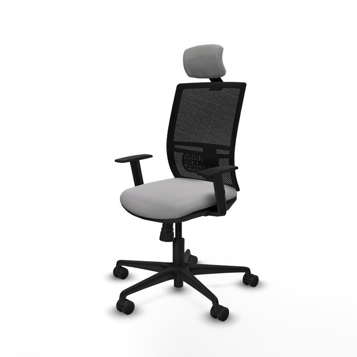 Chaise Yunquera Synchro 4 positions tissu Gris clair Maille Noir Base en nylon noir Accoudoir 1D Appui-tête 1D Roulettes 65mm nylon