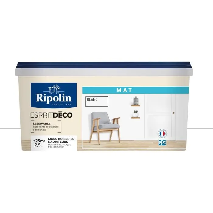 Ripolin Esprit Deco - Peinture pour intérieur Blanc Mat très couvrante pour murs, boiseries, radiateurs - 2,5 litres