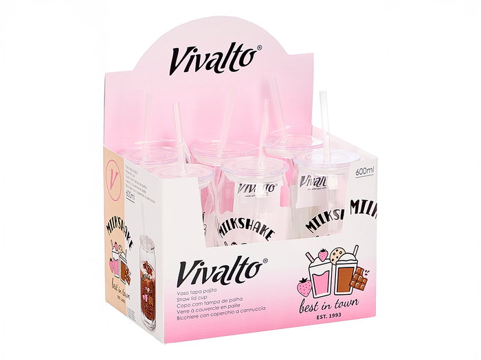 VIVALTO Verre à Milkshake avec Couvercle et Paille 600ml, Lot de 24