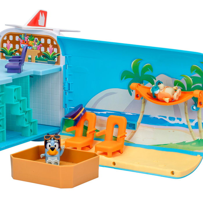 Famosa Avion 3 en 1 Bluey Bly75000 – Transformable en Hotel, Barco et Plage, avec Figurines et Accessoires, Jouet Enfant +3 Ans