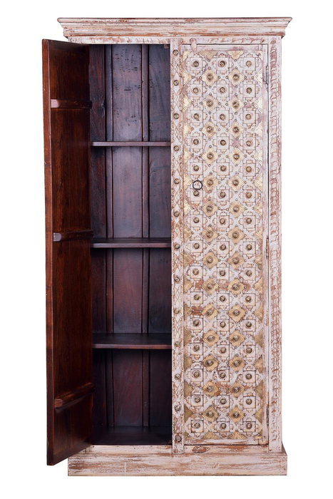GINER Y COLOMER - Armoire 2 portes en bois de manguier massif couleur ivoire vieilli avec incrustations et boutons en bronze - 180x90x40 cm
